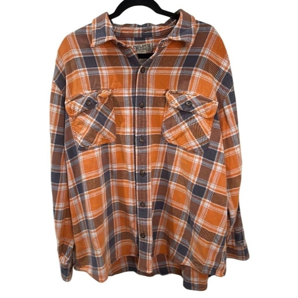 Duluth Trading Co Mens 2XL Plaid Flannel Shirt Orange Gray 100% Cotton Button up